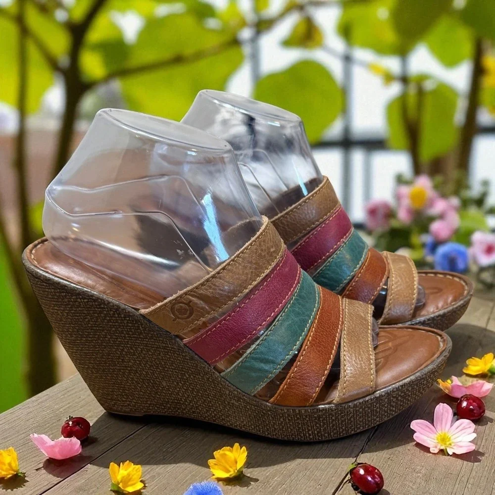 Born 🔥Kumi Leather🩷Multi-Color Boho Slip On Strappy Wedge Heels Size‎ 10